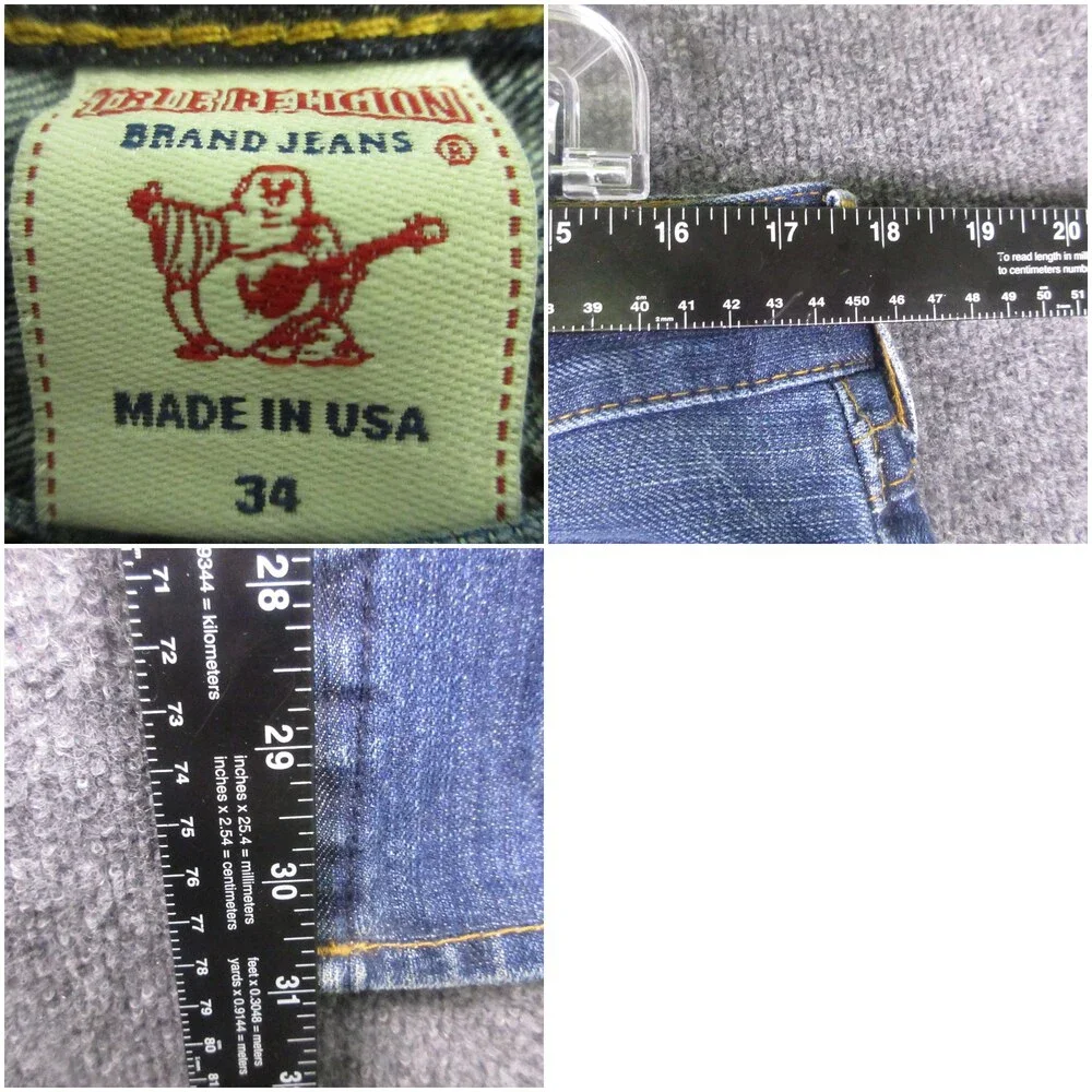 Vintage True Religion Jeans Mens 34x30 Blue Leather Horseshoe Distressed USA
